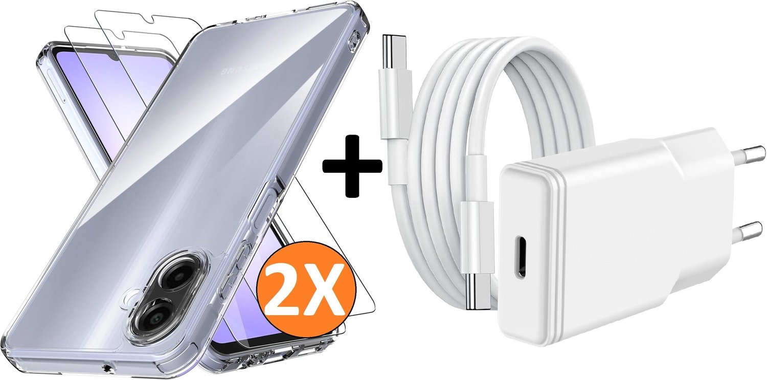 USB C Adapter oplader - USB C Snellader 20W Met 1m Kabel - Hoesje Geschikt voor Samsung Galaxy A08 / A07 4G / 5G transparant Anti Shock silicone met 2x screenprotector- Ntech COMBI-SET