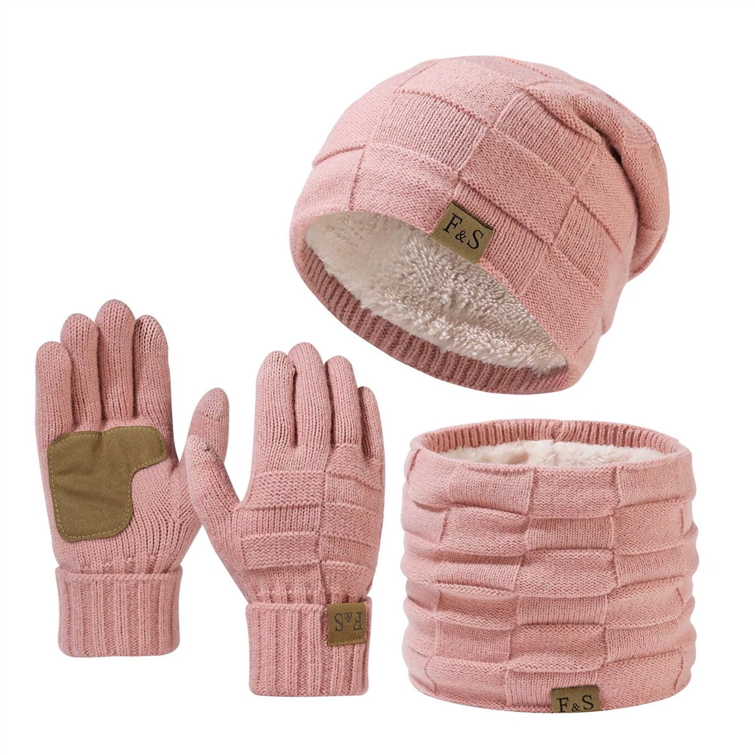 3-delige Beanie Muts Sjaal en Handschoenen – Warme Winterset met Dikke Fleecevoering – Winddichte Katoenen Mut en Nekwarmer – Ideaal Wintercadeau voor Dames en Heren – Geschikt voor Fietsen Skiën en Buitensporten Roze