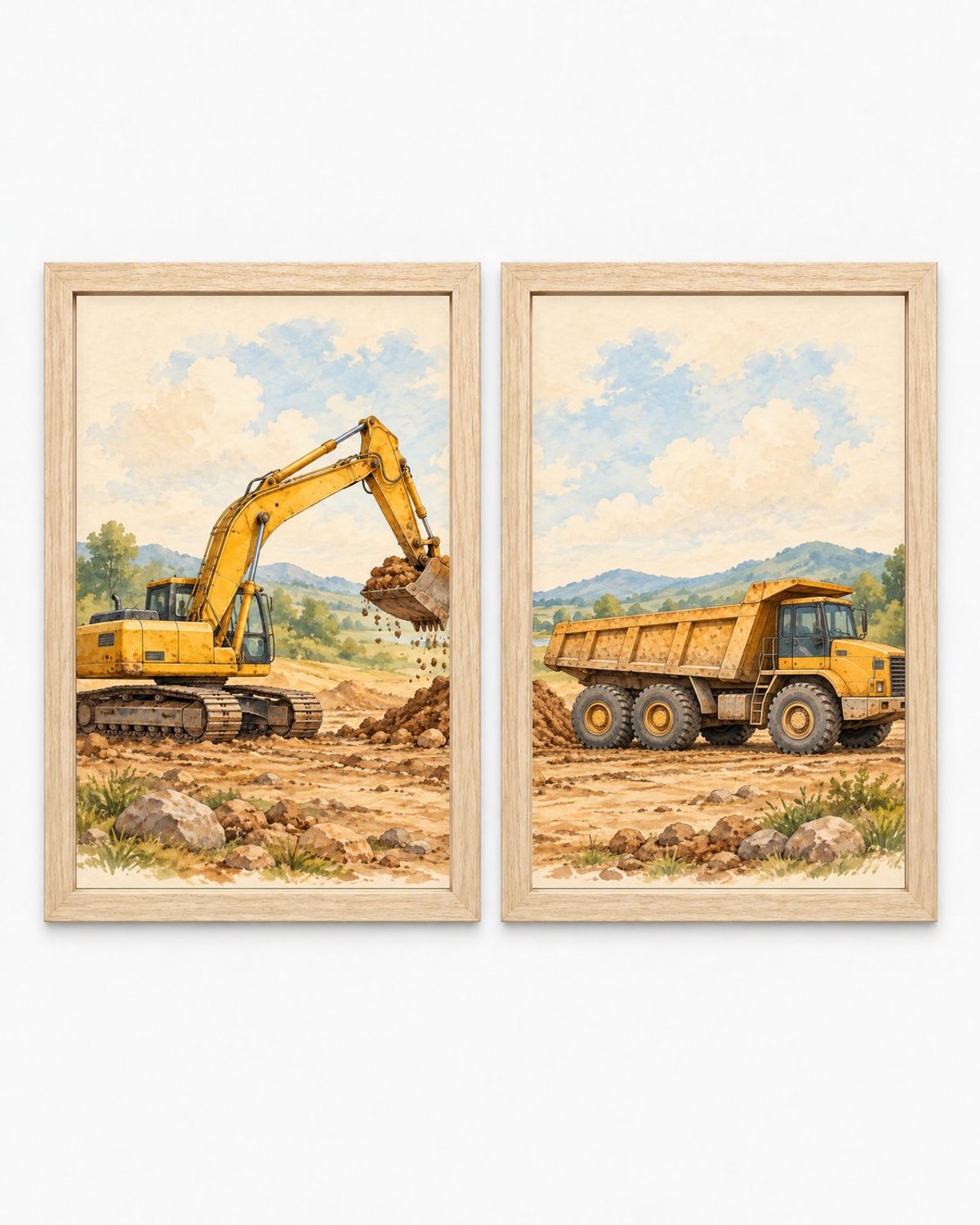 Bouwplaats Poster Kinderkamer Tweeluik | Graafmachine & Kiepwagen | Inclusief 2 Lichtbruine A4 Lijsten