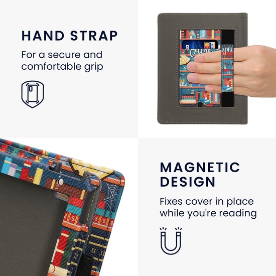 kwmobile e-reader hoesje geschikt voor Kobo Aura H2O Edition 2 hoes - E reader flip case van kunstleer - Ereader cover met stand - bibliotheek design in meerkleurig — afbeelding 5