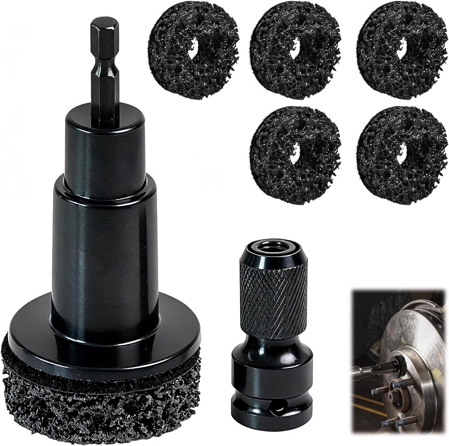 Complete Set voor Velgenreiniging met 5 Spacers en Schuuradapter - Snelle Roestverwijdering voor Boormachines en Slagmoersleutels