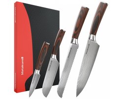 Matakumi 4-Delige Messenset Japanse Damascus Stijl met Broodmes - Messenset Damascus Print - Japanse Keukenmessen - Koksmes, Santokumes, Broodmes & Schilmes