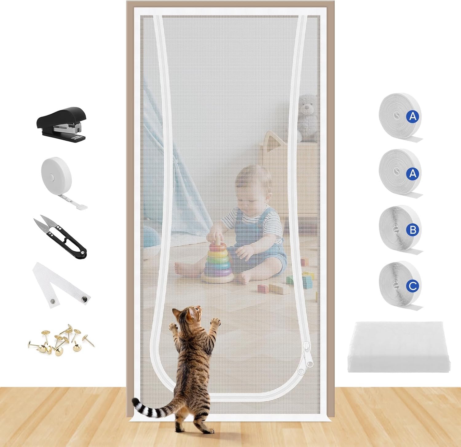 Vliegenhor voor katten, 110 x 230 cm, dubbelzijdige ritssluiting, voorkomt dat honden en katten uit het huis lopen, voor slaapkamer, woonkamer, keuken en terras