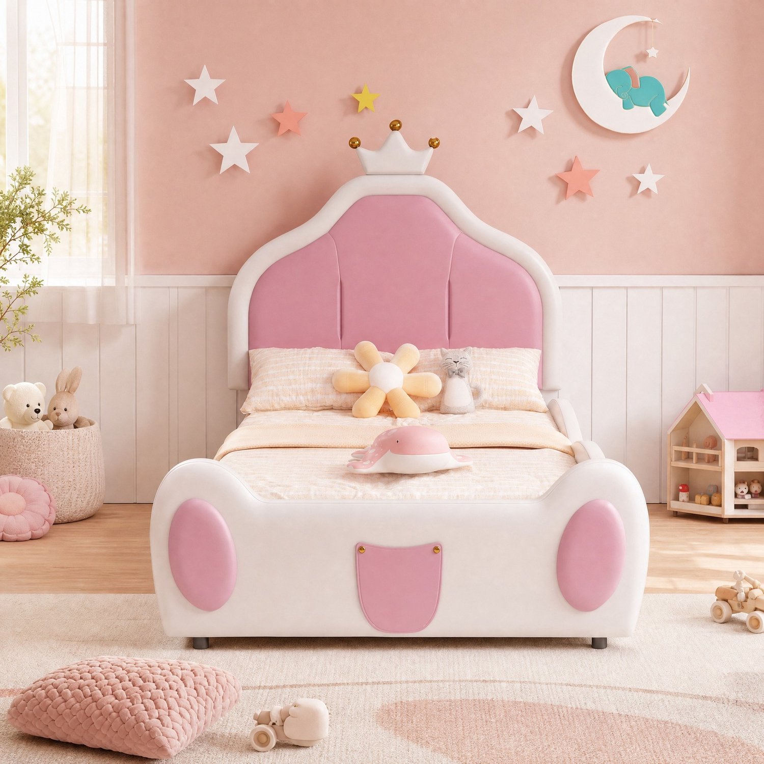 CHICFURN Kinderbed 90 x 200 cm - Kunstleer - Kroonvormig hoofdbord - Wit en roze