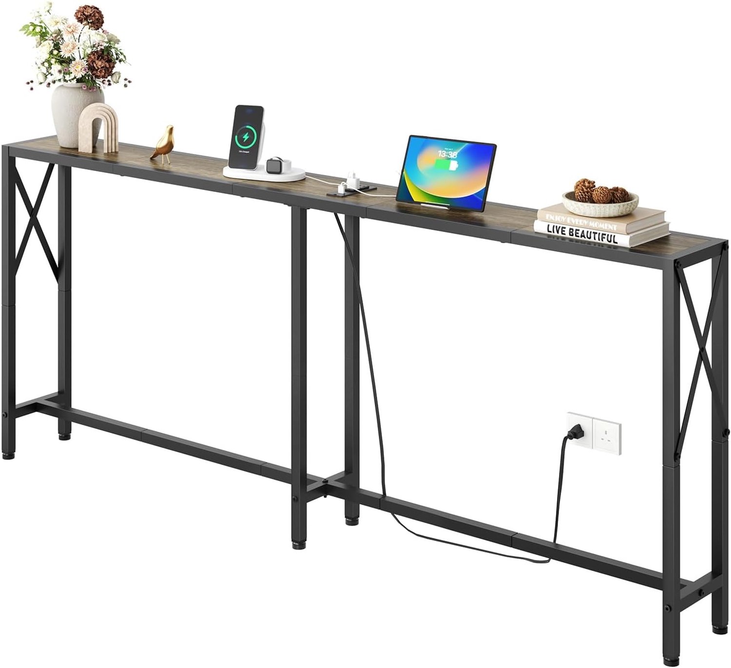 Consoletafel, 174 cm smalle sofatafel, achter de banktafel, ingangstafel, industriële banktafel voor hal, woonkamer, slaapkamer, lange consoletafel
