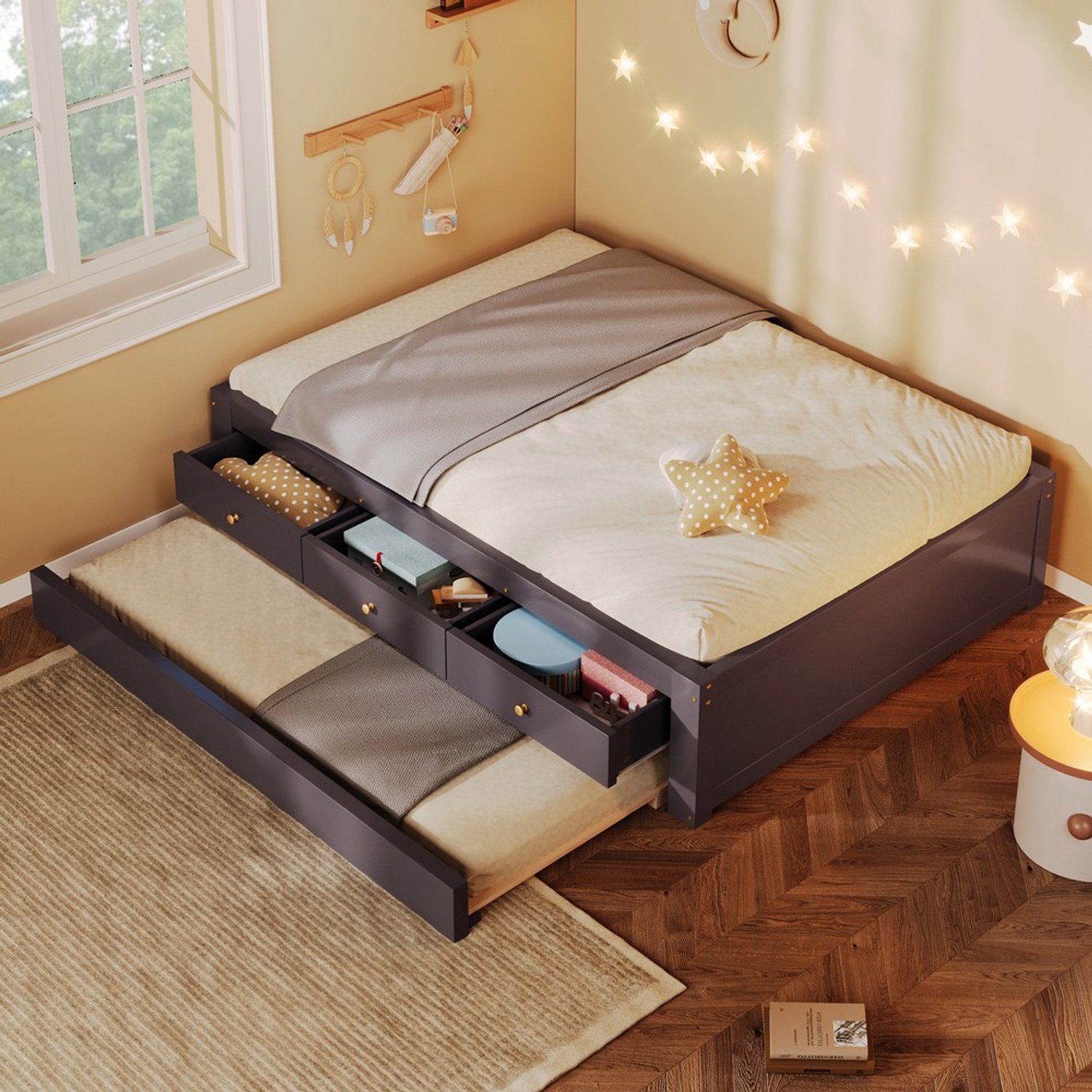 Pugsdrly Houten bed van 90 x 200 cm met 3 lades en uitschuifbaar logeerbed, BRUN CAFE Koffie