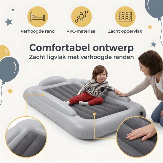 Kinderluchtbed - Opblaasbaar Kinderbed - Kids Travel Luchtbed - Opvouwbaar Reisbed - PVC Slaapmat voor Kinderen - Inclusief Pomp - Grijs - 160 x 100 x 30 cm — afbeelding 5