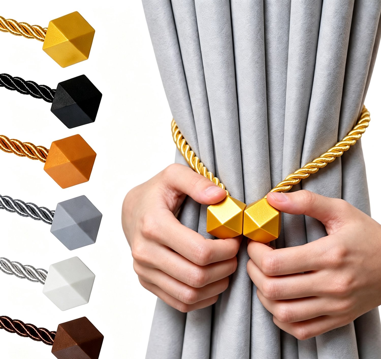 Magnetische gordijnhouders (set van 2) — Kubusvormige magneetsluiting — Magnetische gordijnclip — Minimalistische gordijnhouder – Goudgeel