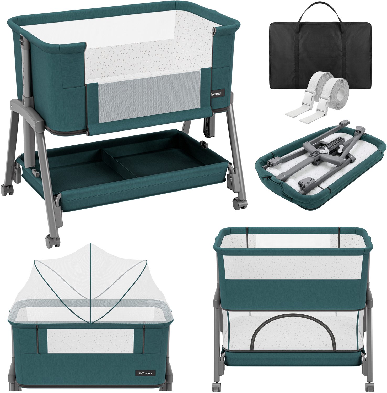 Tulano Dream 55 Co Sleeper 3-in-1 - Aanschuifbedje & Reiswieg met Matras - Verstelbaar - Groen