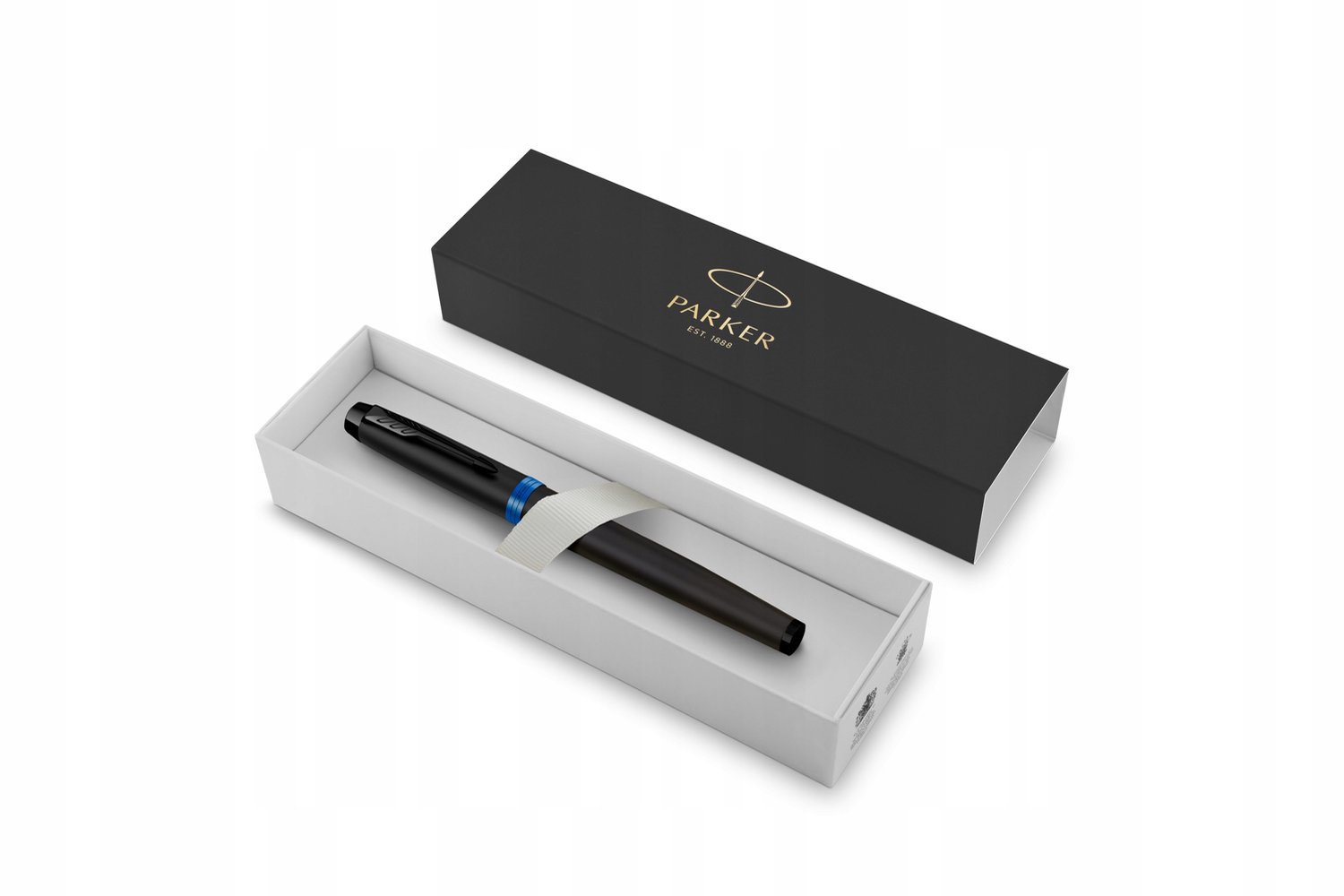 Parker IM Vibrant Rings vulpen | satijn zwarte lak met marineblauwe details | fijne punt met blauwe inkt navulling | geschenkdoos