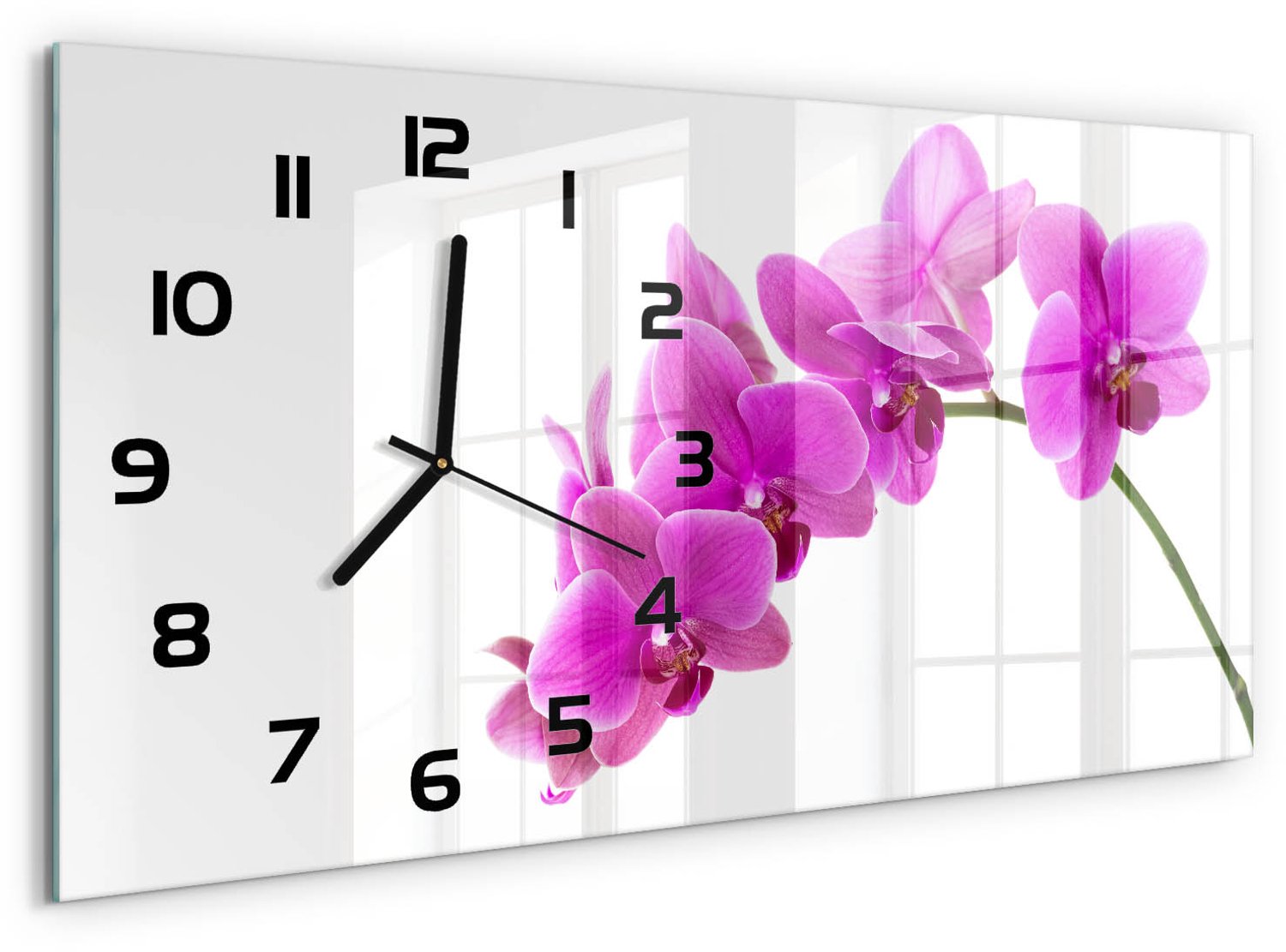 TULUP Wandklok - Roze orchidee Wandklok Glas Met Motief - 60x30 cm - Roze Decoratieve Glazen Klok - Zwarte handen - Rechthoekige Klok - Gekleurde Glazen Klok - Glazen Klok Met Print
