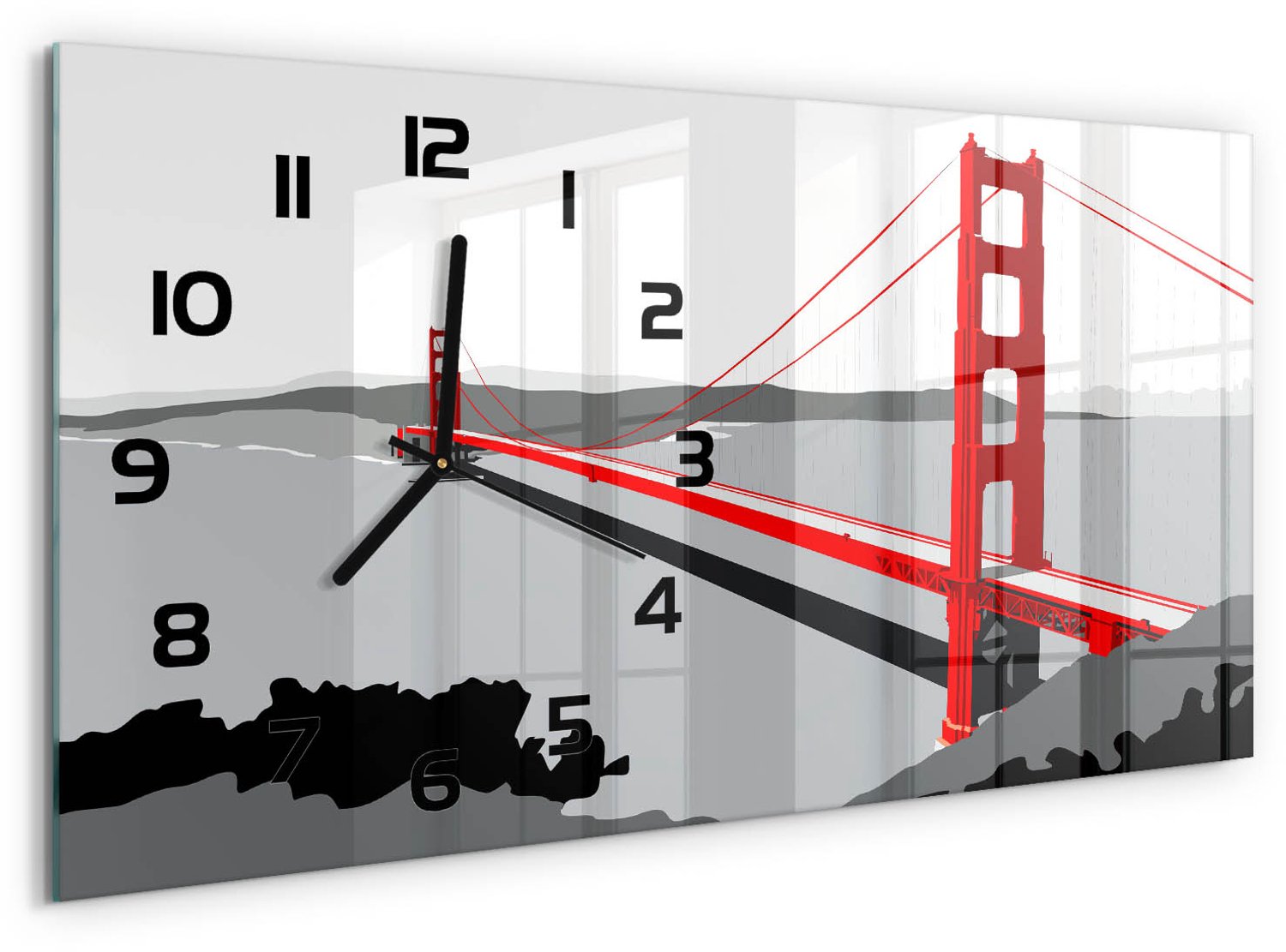 TULUP Wandklok - San Francisco-brug Glazen Wandklok Design - 60x30 cm - Rood Klok Glas Met Opdruk - Zwarte handen - Rechthoekige Klok - Wandklok Glas Met Motief - Decoratieve Glazen Klok