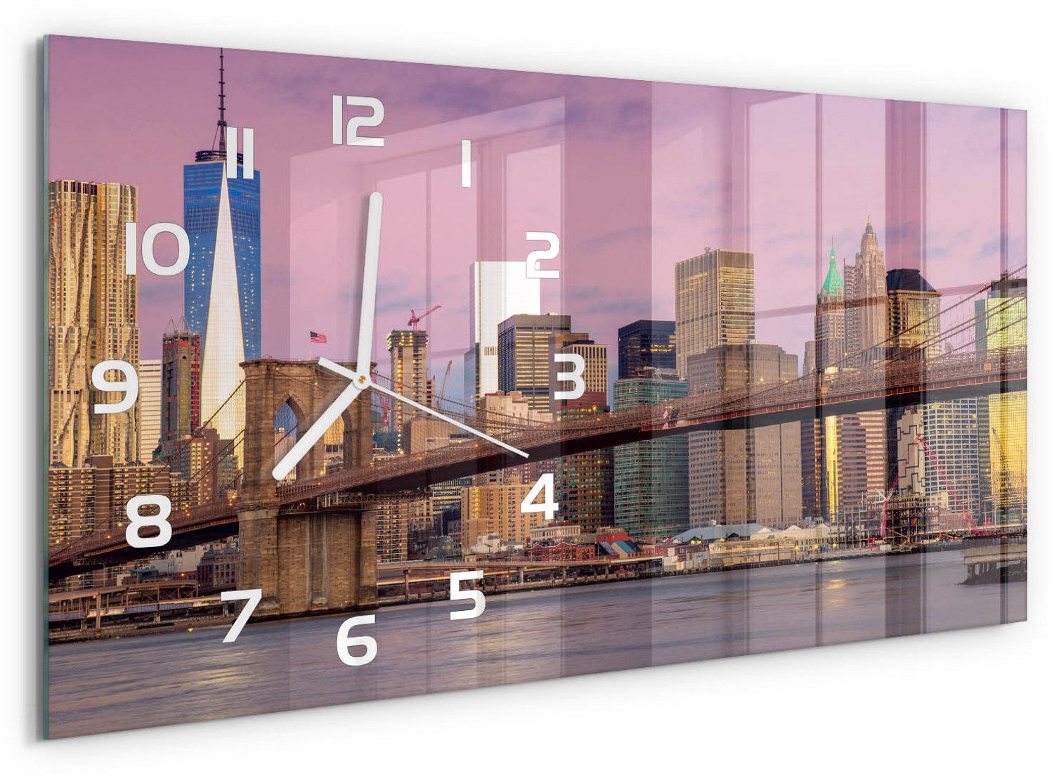 TULUP Wandklok - Manhattan, New York Wandklok Glas Met Motief - 60x30 cm - Veelkleurig Decoratieve Glazen Klok - Witte handen - Rechthoekige Klok - Gekleurde Glazen Klok - Glazen Klok Met Print