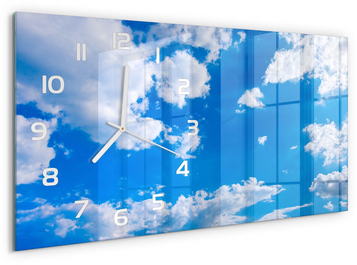 TULUP Wandklok - Wolken aan de hemel Moderne Wandklok Glas - 60x30 cm - Blauw Wandklok Glas Decoratie - Witte handen - Rechthoekige Klok - Glazen Wandklok Design - Klok Glas Met Opdruk