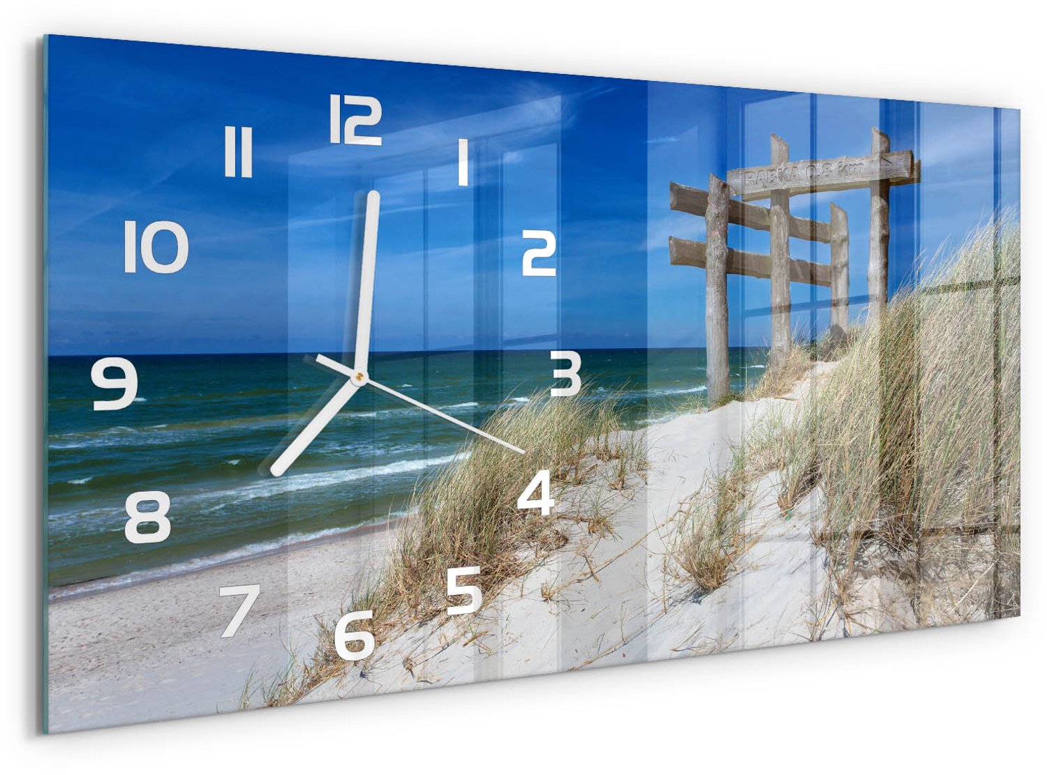 TULUP Wandklok - Duin aan zee Glazen Klok Met Print - 60x30 cm - Blauw Wandklok Glas Met Motief - Witte handen - Rechthoekige Klok - Wandklok Glas Decoratie - Gekleurde Glazen Klok