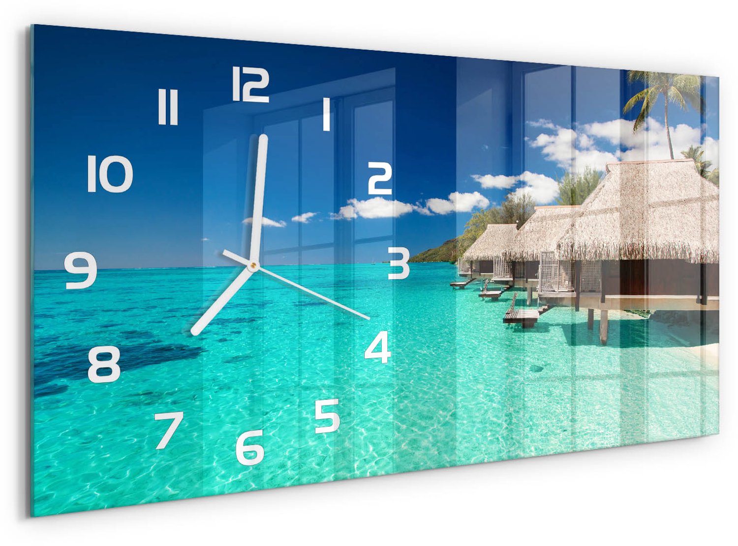 TULUP Wandklok - Tropisch eiland Moderne Wandklok Glas - 60x30 cm - Blauw Wandklok Glas Decoratie - Witte handen - Rechthoekige Klok - Glazen Wandklok Design - Klok Glas Met Opdruk