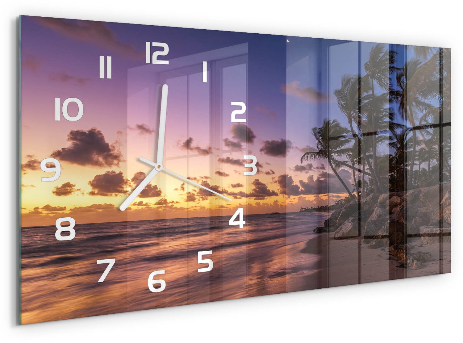 TULUP Wandklok - Weststrand Klok Glas Met Opdruk - 60x30 cm - Geel Moderne Wandklok Glas - Witte handen - Rechthoekige Klok - Decoratieve Glazen Klok - Glazen Wandklok Design