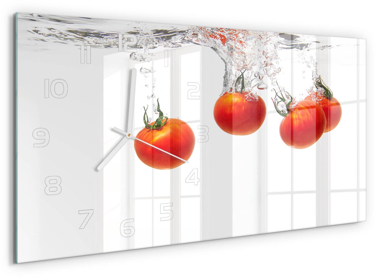 TULUP Wandklok - Tomaten onder water Wandklok Glas Met Motief - 60x30 cm - Rood Decoratieve Glazen Klok - Witte handen - Rechthoekige Klok - Gekleurde Glazen Klok - Glazen Klok Met Print