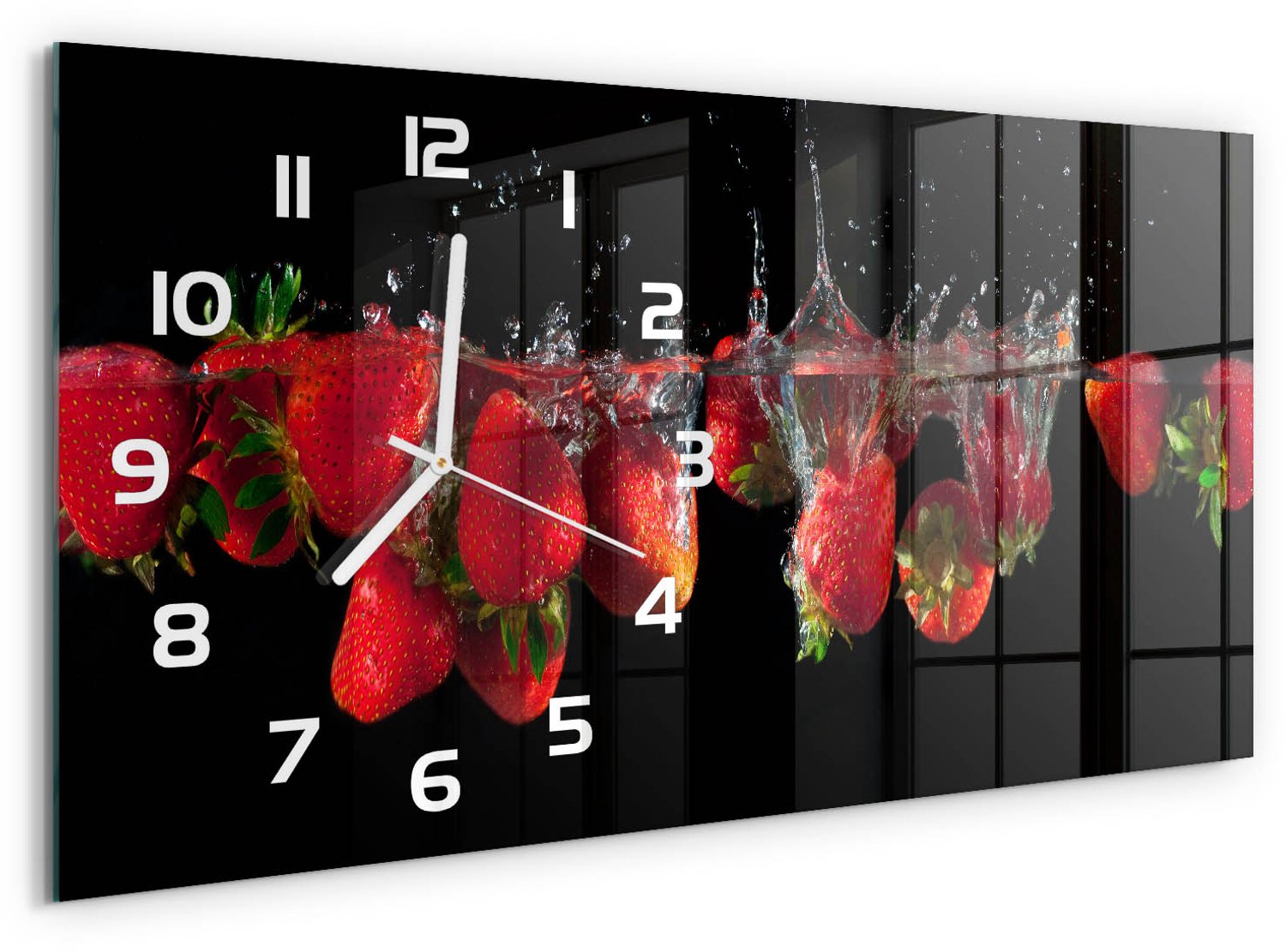 TULUP Wandklok - Aardbeien onder water Moderne Wandklok Glas - 60x30 cm - Rood Wandklok Glas Decoratie - Witte handen - Rechthoekige Klok - Glazen Wandklok Design - Klok Glas Met Opdruk