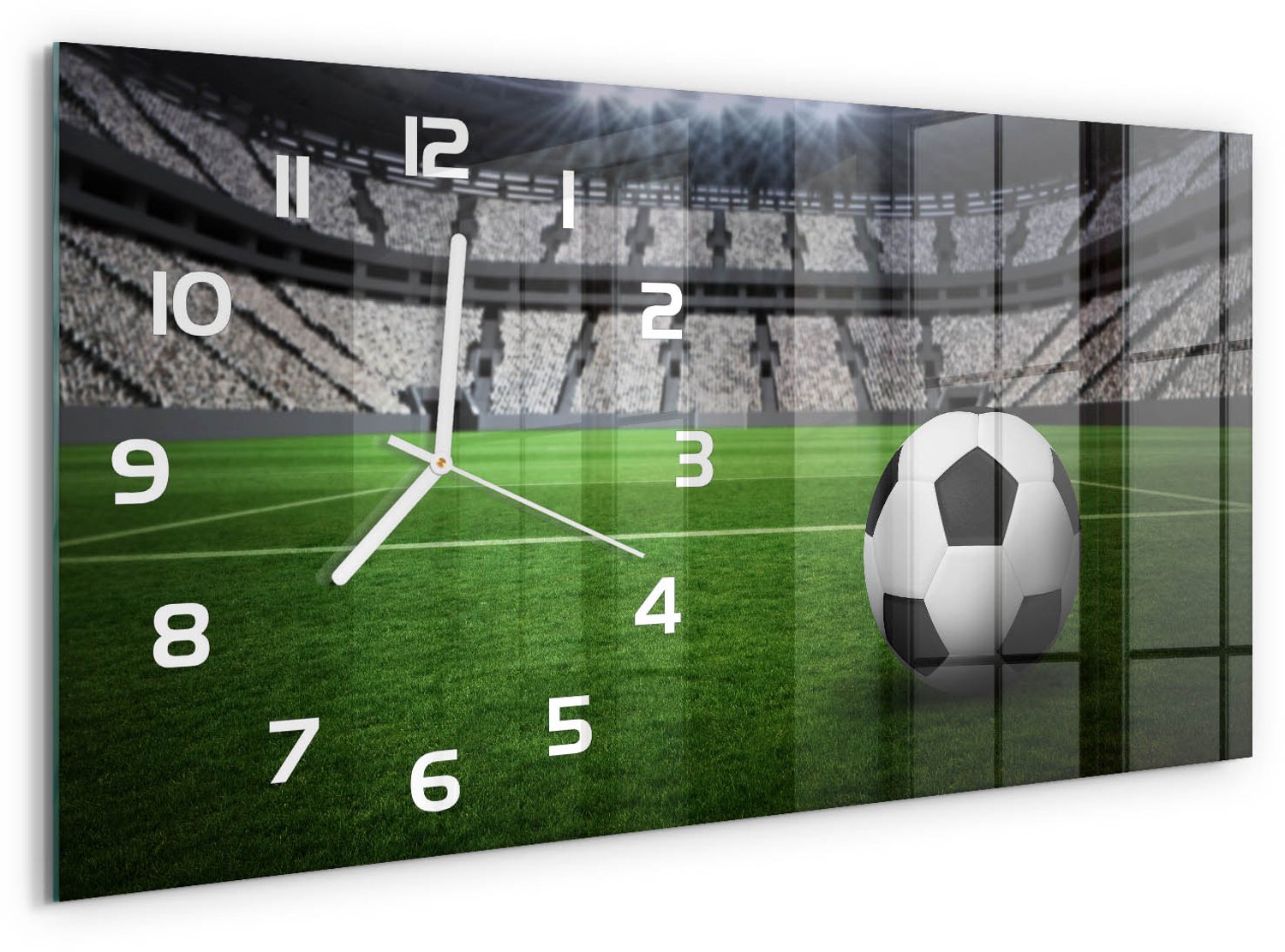 TULUP Wandklok - Voetbal in het stadion Klok Glas Met Opdruk - 60x30 cm - Groente Moderne Wandklok Glas - Witte handen - Rechthoekige Klok - Decoratieve Glazen Klok - Glazen Wandklok Design