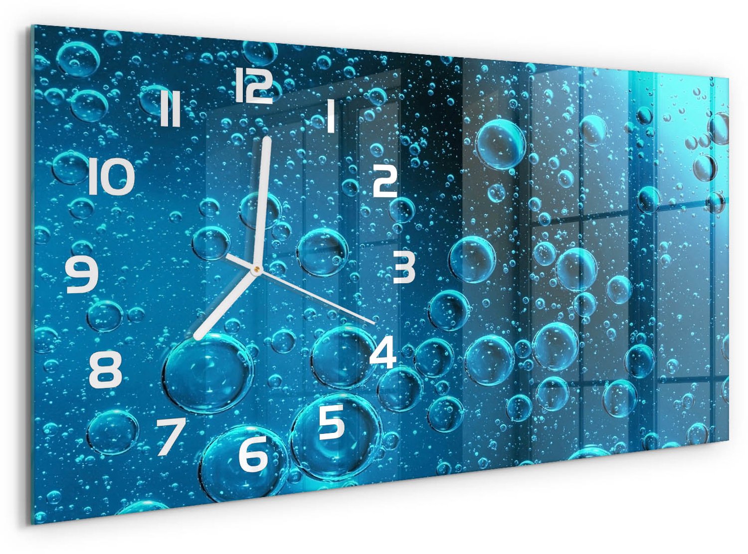 TULUP Wandklok - Onderwaterbellen Decoratieve Glazen Klok - 60x30 cm - Blauw Glazen Wandklok Design - Witte handen - Rechthoekige Klok - Glazen Klok Met Print - Wandklok Glas Met Motief