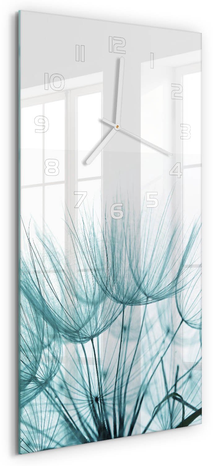 Tulup Wandklok - Paardenbloemzaden Glazen Wandklok Design - 30x60 cm - Wit Klok Glas Met Opdruk - Witte handen - Rechthoekige Klok - Wandklok Glas Met Motief - Decoratieve Glazen Klok