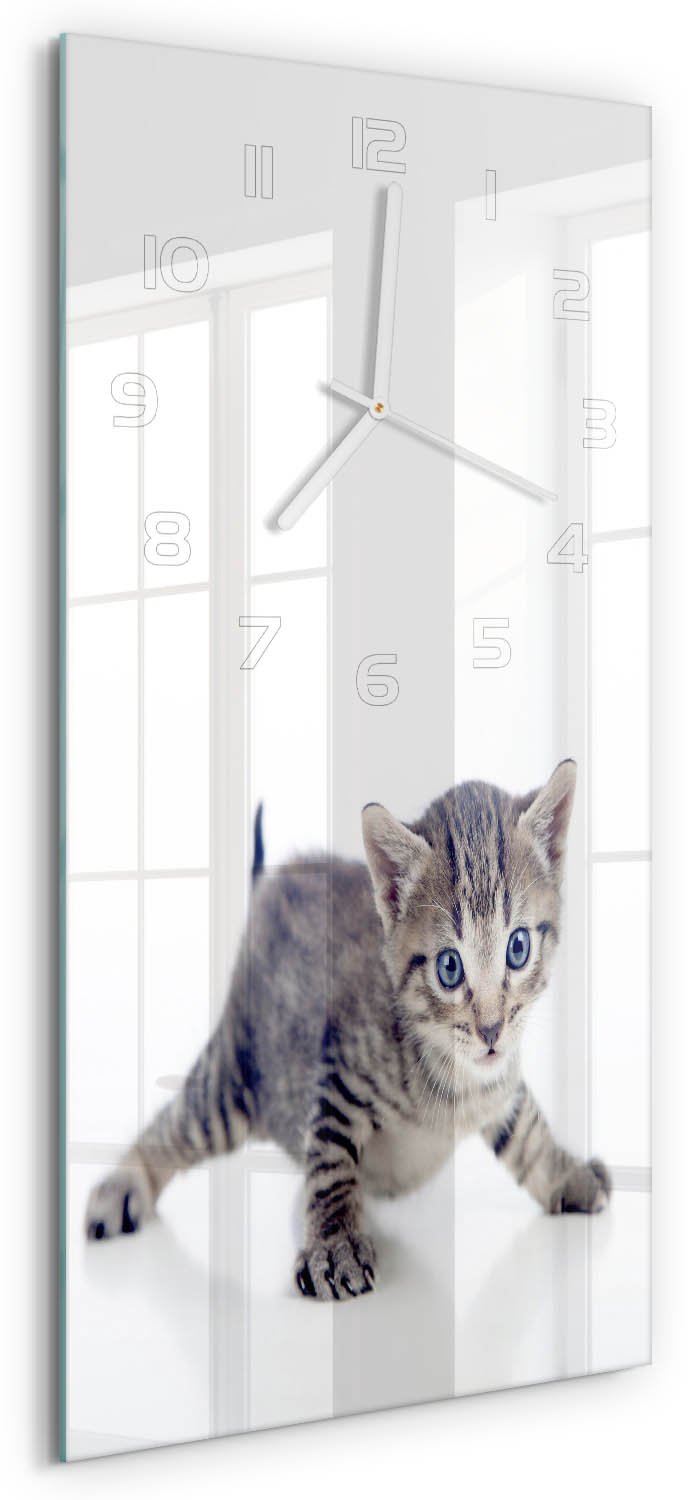 Tulup Wandklok - Kleine kat Decoratieve Glazen Klok - 30x60 cm - Grijs Glazen Wandklok Design - Witte handen - Rechthoekige Klok - Glazen Klok Met Print - Wandklok Glas Met Motief