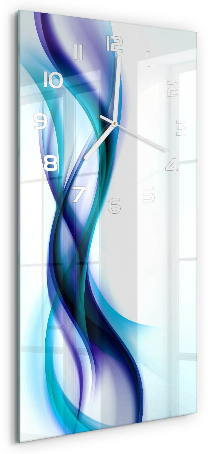 Tulup Wandklok - Golfabstractie Wandklok Glas Met Motief - 30x60 cm - Blauw Decoratieve Glazen Klok - Witte handen - Rechthoekige Klok - Gekleurde Glazen Klok - Glazen Klok Met Print