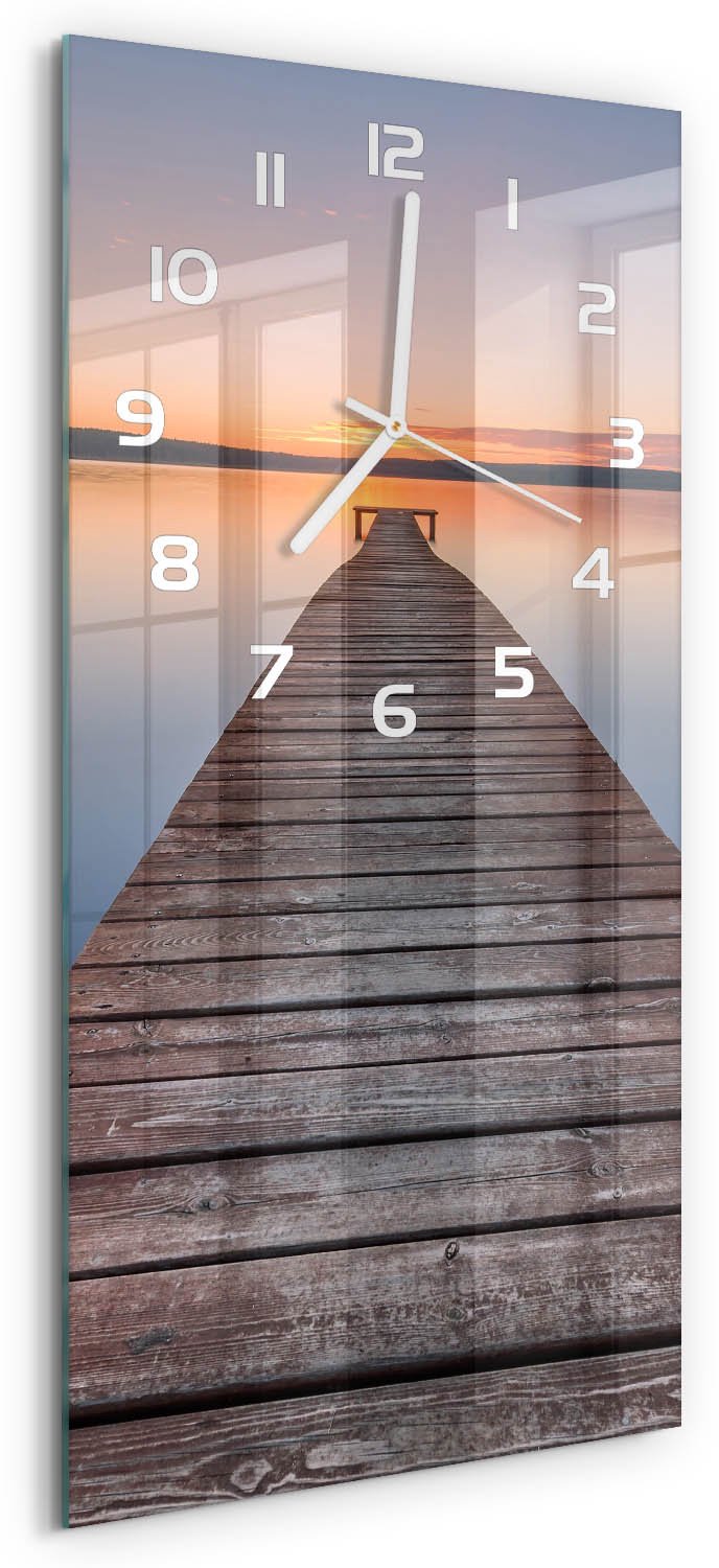 Tulup Wandklok - Houten brug Glazen Klok Met Print - 30x60 cm - Bruin Wandklok Glas Met Motief - Witte handen - Rechthoekige Klok - Wandklok Glas Decoratie - Gekleurde Glazen Klok