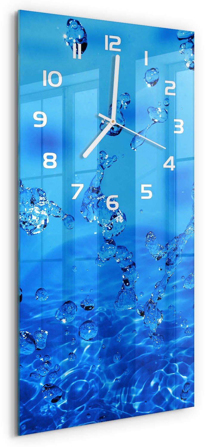 Tulup Wandklok - Waterdruppels Glazen Wandklok Design - 30x60 cm - Blauw Klok Glas Met Opdruk - Witte handen - Rechthoekige Klok - Wandklok Glas Met Motief - Decoratieve Glazen Klok