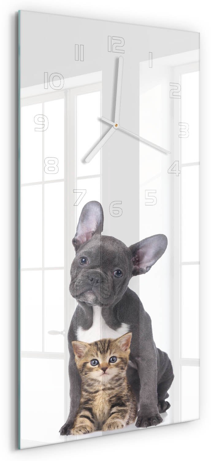 Tulup Wandklok - Hond en kat Glazen Wandklok Design - 30x60 cm - Zwart Klok Glas Met Opdruk - Witte handen - Rechthoekige Klok - Wandklok Glas Met Motief - Decoratieve Glazen Klok