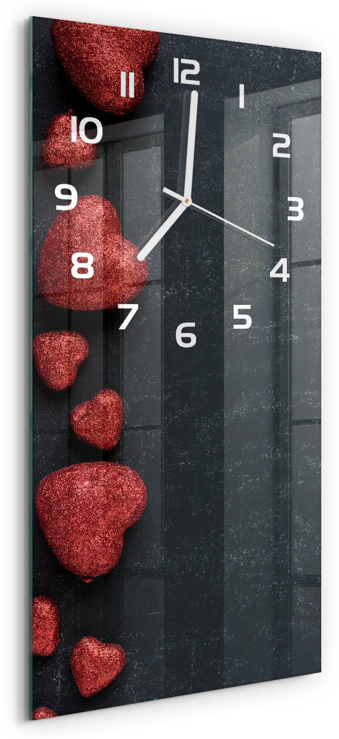Tulup Wandklok - Harten op het bord Decoratieve Glazen Klok - 30x60 cm - Rood Glazen Wandklok Design - Witte handen - Rechthoekige Klok - Glazen Klok Met Print - Wandklok Glas Met Motief