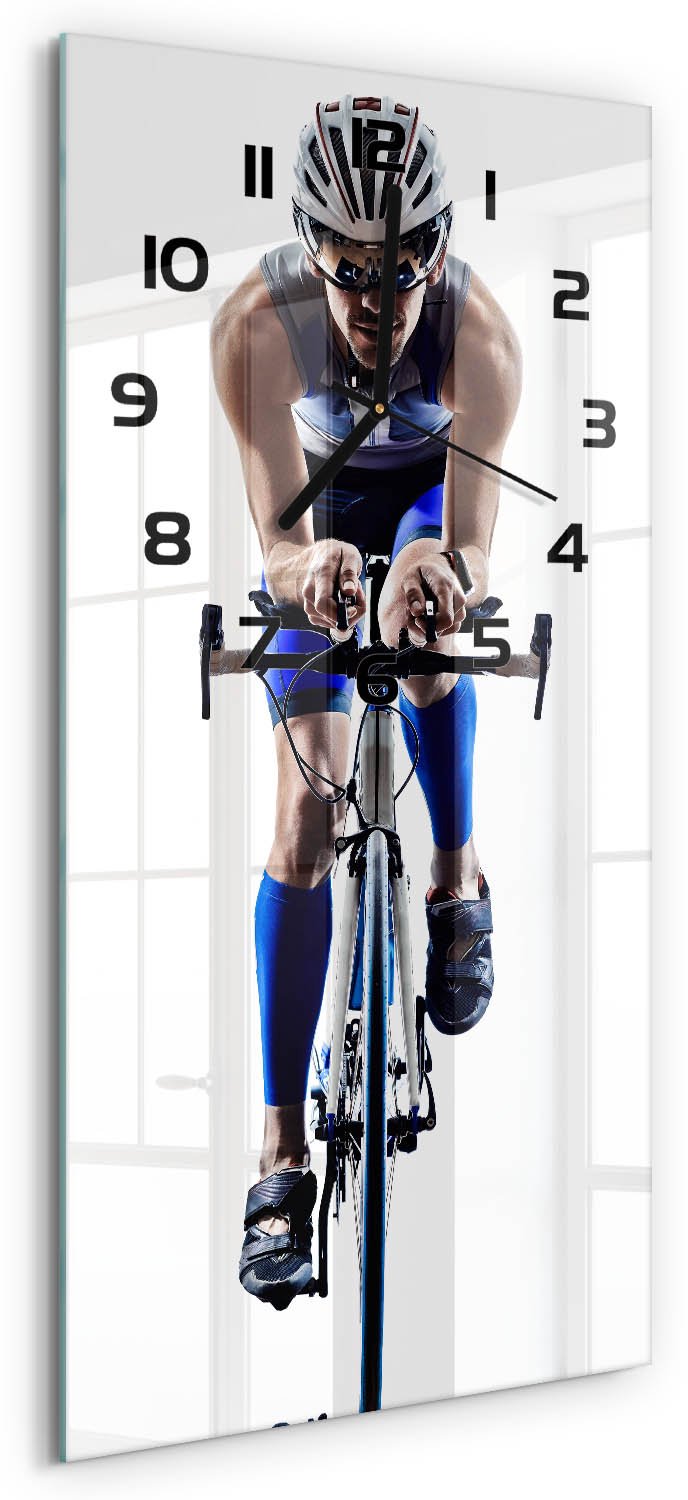 Tulup Wandklok - Fietsers Glazen Wandklok Design - 30x60 cm - Blauw Klok Glas Met Opdruk - Zwarte handen - Rechthoekige Klok - Wandklok Glas Met Motief - Decoratieve Glazen Klok