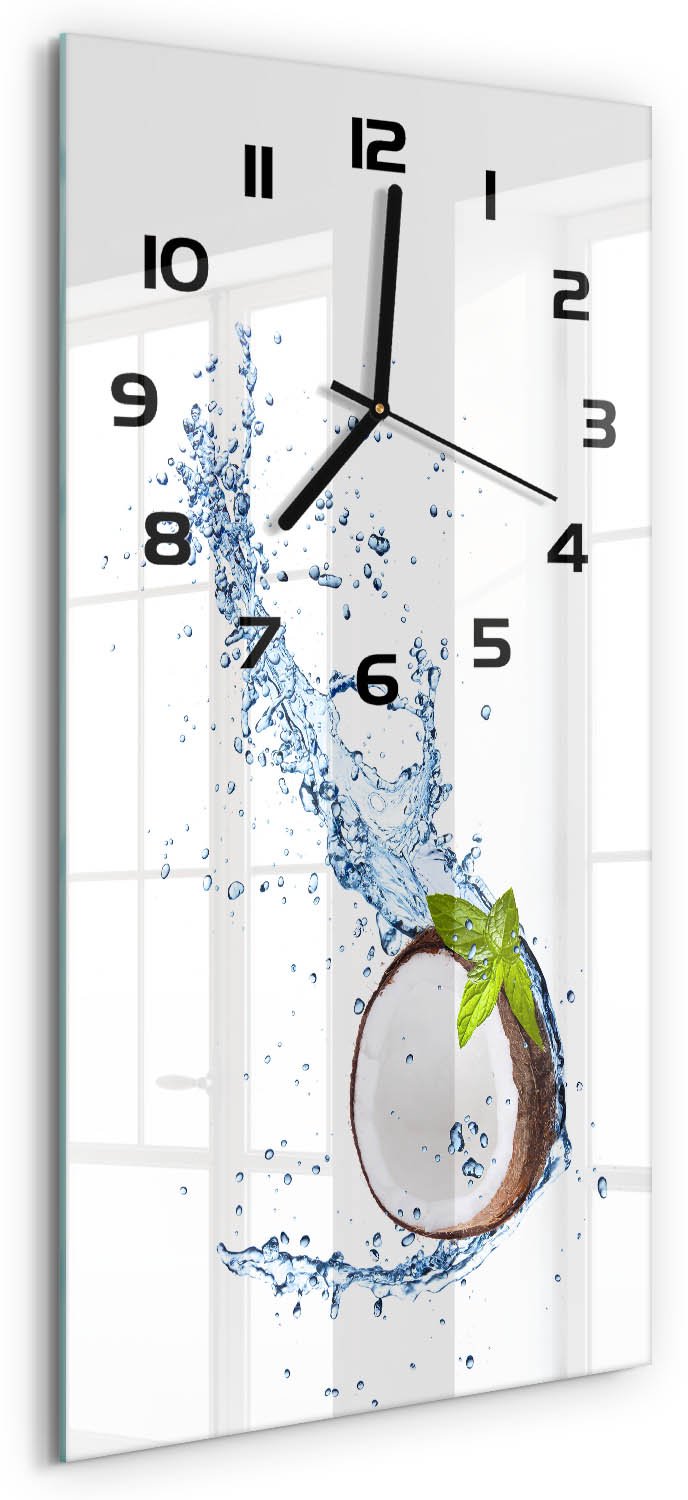 Tulup Wandklok - Kokosnoot en water Wandklok Glas Decoratie - 30x60 cm - Bruin Gekleurde Glazen Klok - Zwarte handen - Rechthoekige Klok - Klok Glas Met Opdruk - Moderne Wandklok Glas