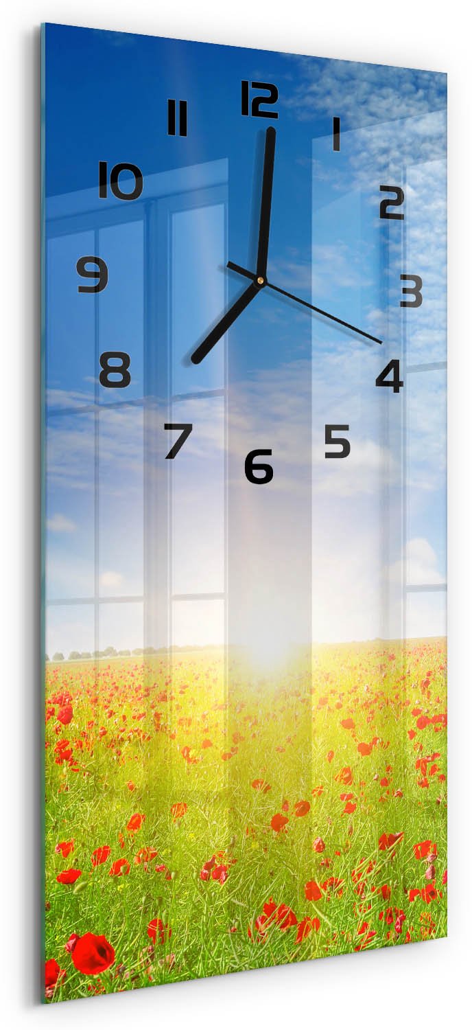 Tulup Wandklok - Klaproosveld Klok Glas Met Opdruk - 30x60 cm - Veelkleurig Moderne Wandklok Glas - Zwarte handen - Rechthoekige Klok - Decoratieve Glazen Klok - Glazen Wandklok Design