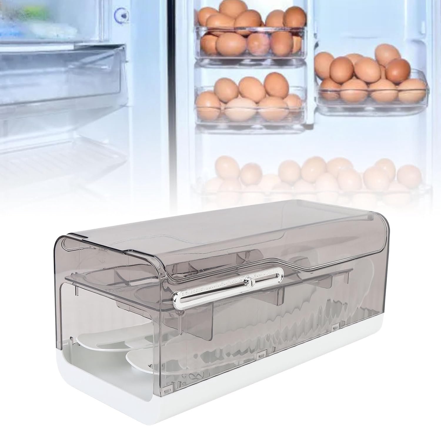 Eierhouder voor koelkast, automatisch rollende eierdispenser en organizer, opbergcontainer voor zijdeur van de koelkast, wit (Luxe grijs)