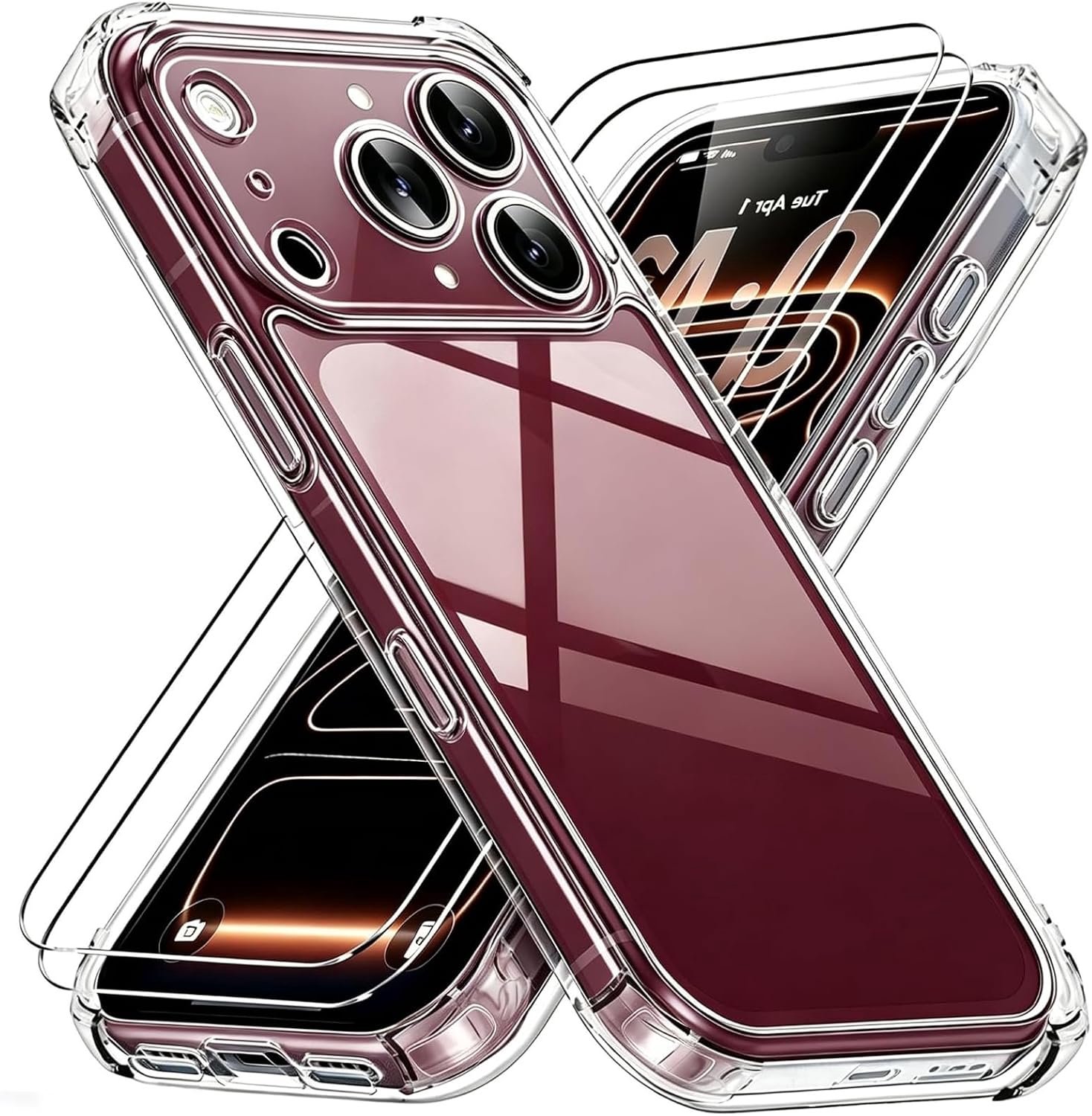 Hoesje voor iPhone 18 Pro met Screenprotector, 1 TPU-Telefoonhoesje met 2 Screenprotectors van Gehard Glas, Volledige Bescherming voor Gehard Glas, Transparant Dun Hoesje
