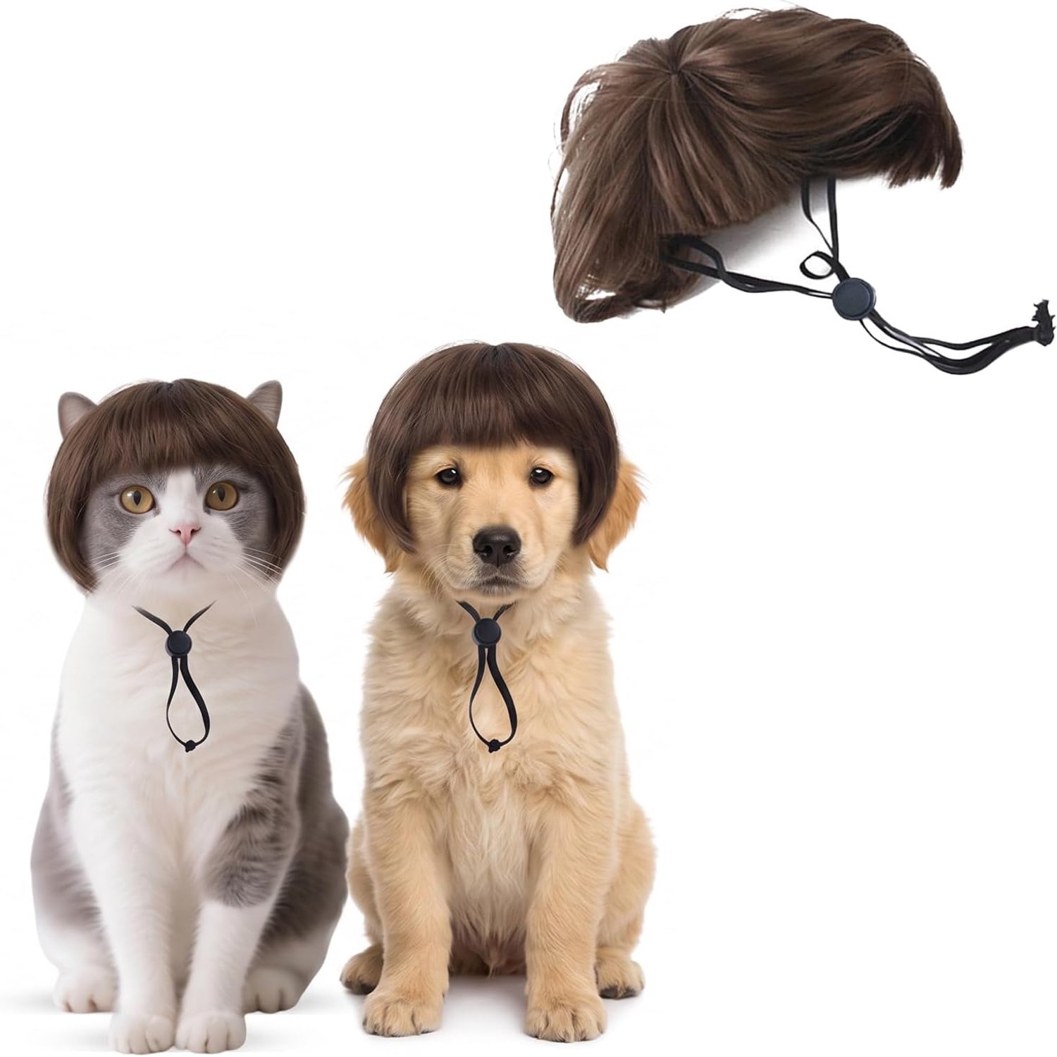 Pruik voor honden en katten, met pony, bruin, voor Halloween en Kerstmis, verstelbare pruik voor kleine en middelgrote honden, grappige cosplay-accessoires