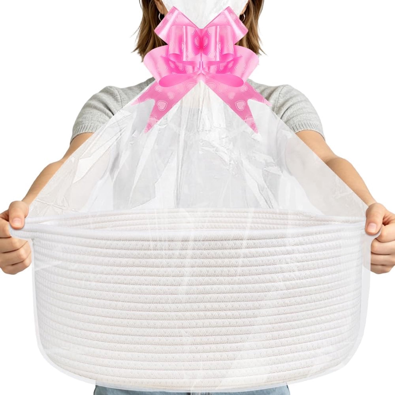 Geschenkmand, leeg, groot, 43 x 32 x 18 cm, cadeaumand, leeg met cadeauzakjes en cadeaulint, mand voor cadeaus voor babyshower, verjaardag, bruiloft, Thanksgiving, Kerstmis (wit)