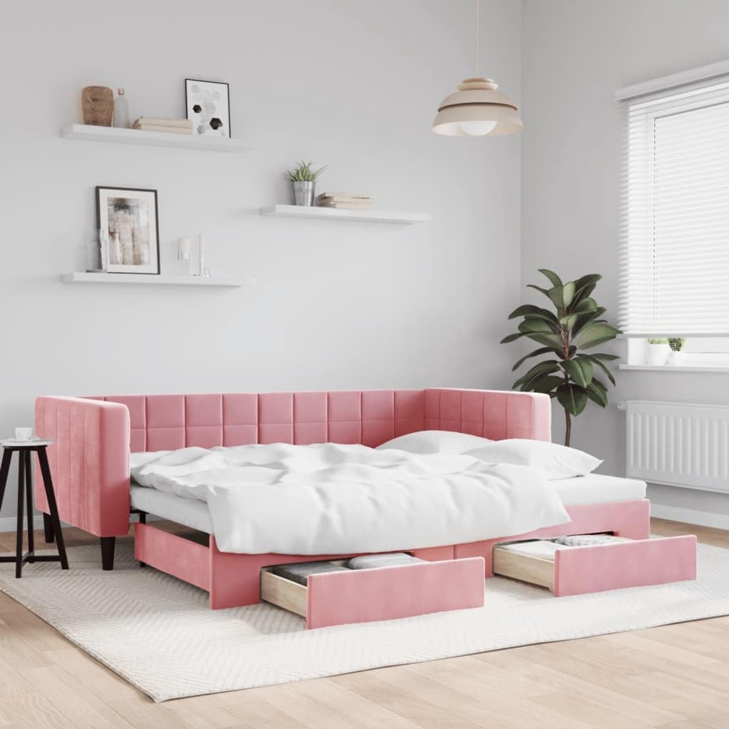 Familiebed, tweepersoonsbed, slaapkamermeubel, dagbed, uittrekbaar met laden, roze, 90x200 cm, fluweel