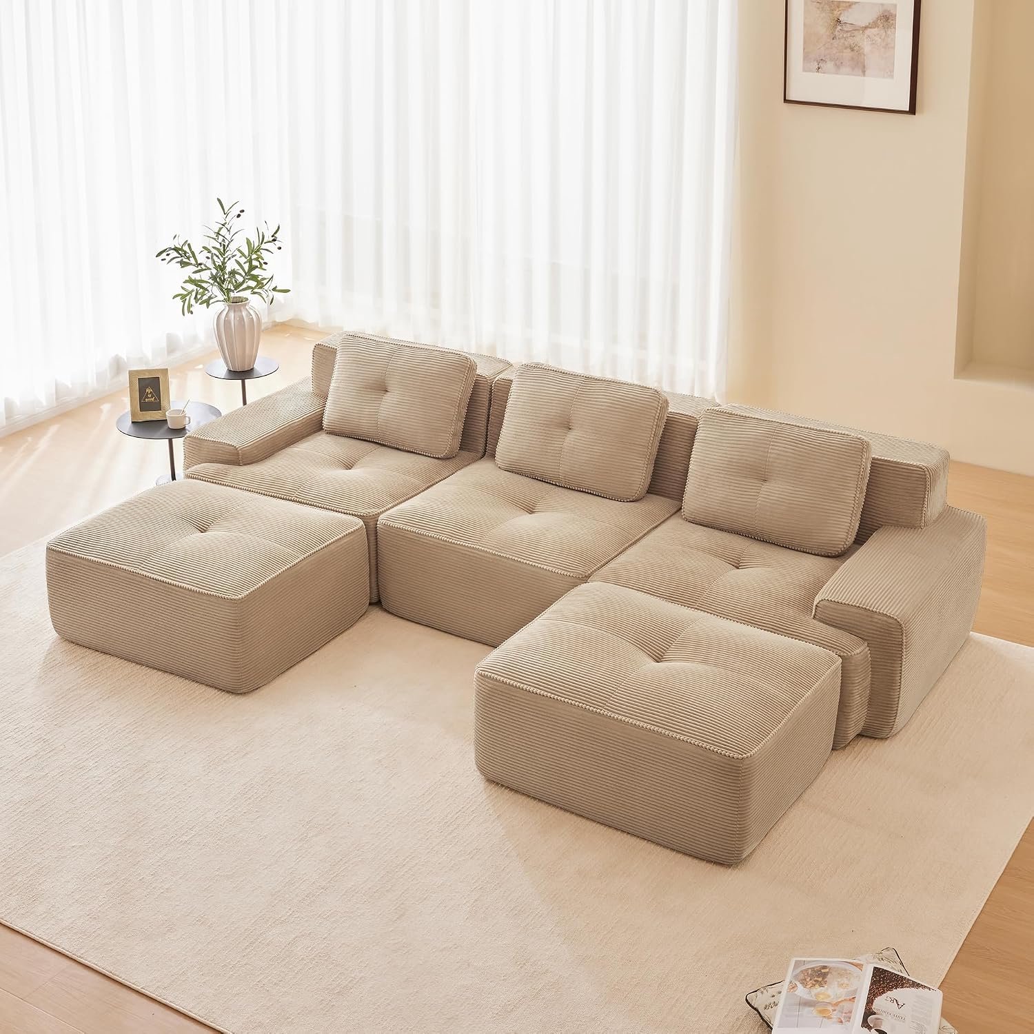 Slaapbank en vorm zonder montage, U-bank, boneless bank, zacht, zeer elastisch schuim, voor woonkamer, diepe zitbank, beige, 3-zits + 2 cm (beige, 3S + 2)