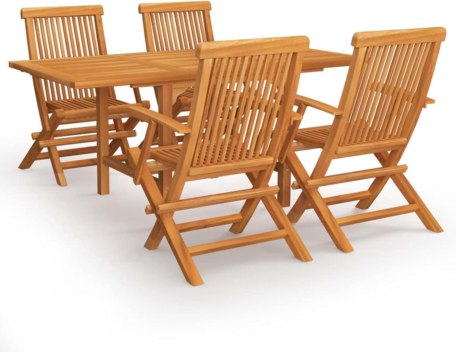 5-delige set, tafel en stoelen voor de tuin, van teakhout, rechthoekig, uittrekbaar, 4 stoelen voor buiten, van hout, uittrekbare tafel en klapstoelen van hout