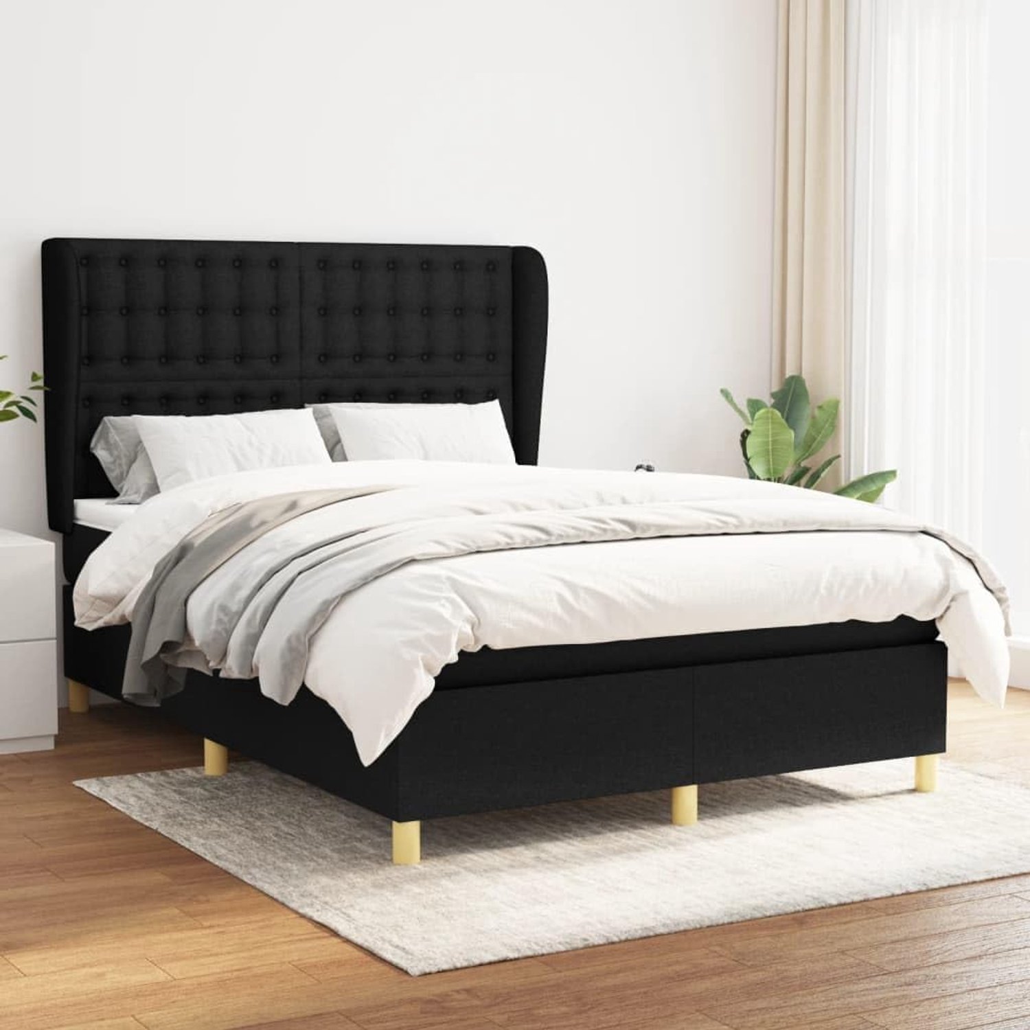 Boxspring met matras stof zwart 140x190 cm bed met hoofdbord verstelbaar pocketvering matras middelhard slaapkamer meubel voor rug- en buikslapers