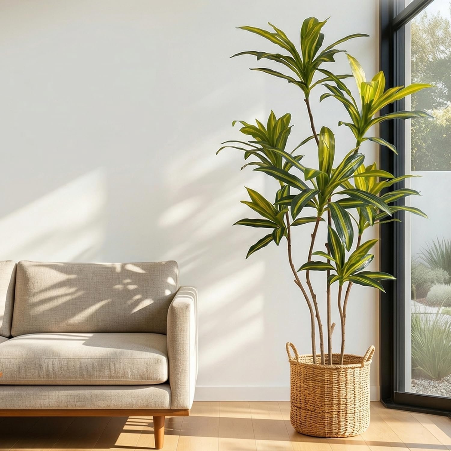 Kunstplant Dracaena van 165 cm, grote kunstboom met realistische bladeren voor binnen en buiten, kantoor, slaapkamers, woonkamer, moderne decoratie
