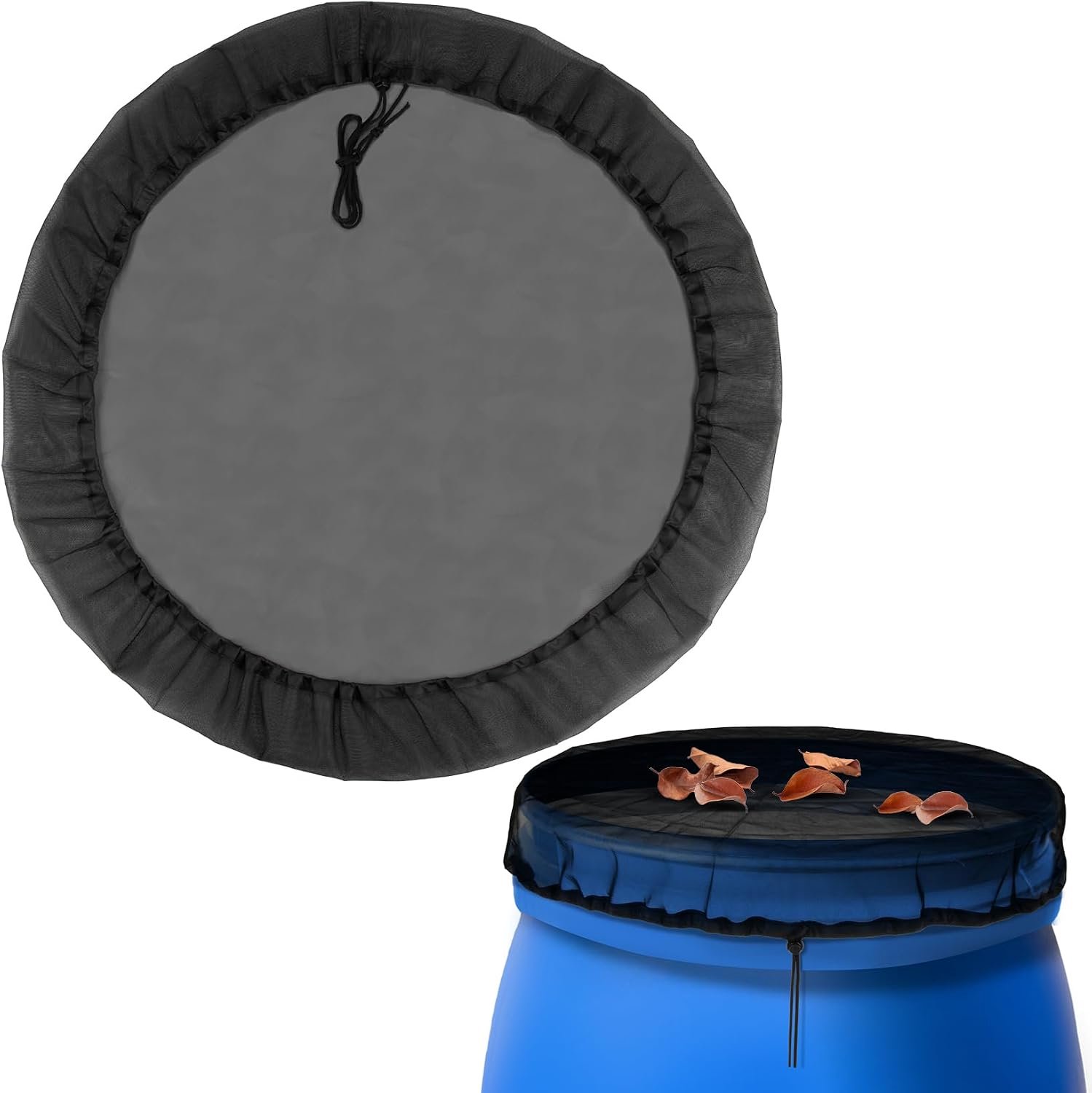 Regentonhoes - 2 stuks gaashoes voor regenton met trekkoord 90 cm fijn gaas watervat scherm herbruikbaar regentonnet voor het voorkomen van gevallen bladeren puin kleine voorwerpen in de tuin