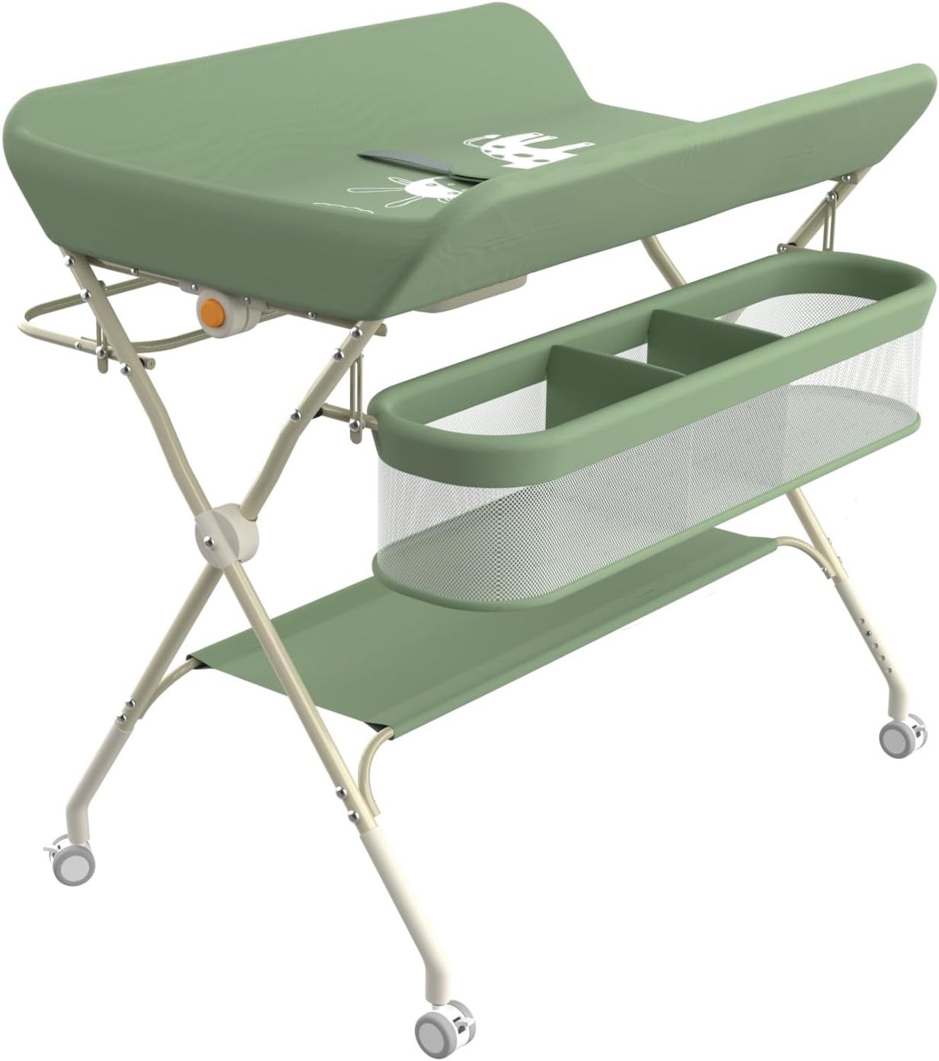 Commode met opbergruimte, in hoogte verstelbaar tot 5 niveaus, mobiele commode met veiligheidsgordel en ophangstang, baby-hangtafel (groen, 4-in-1)