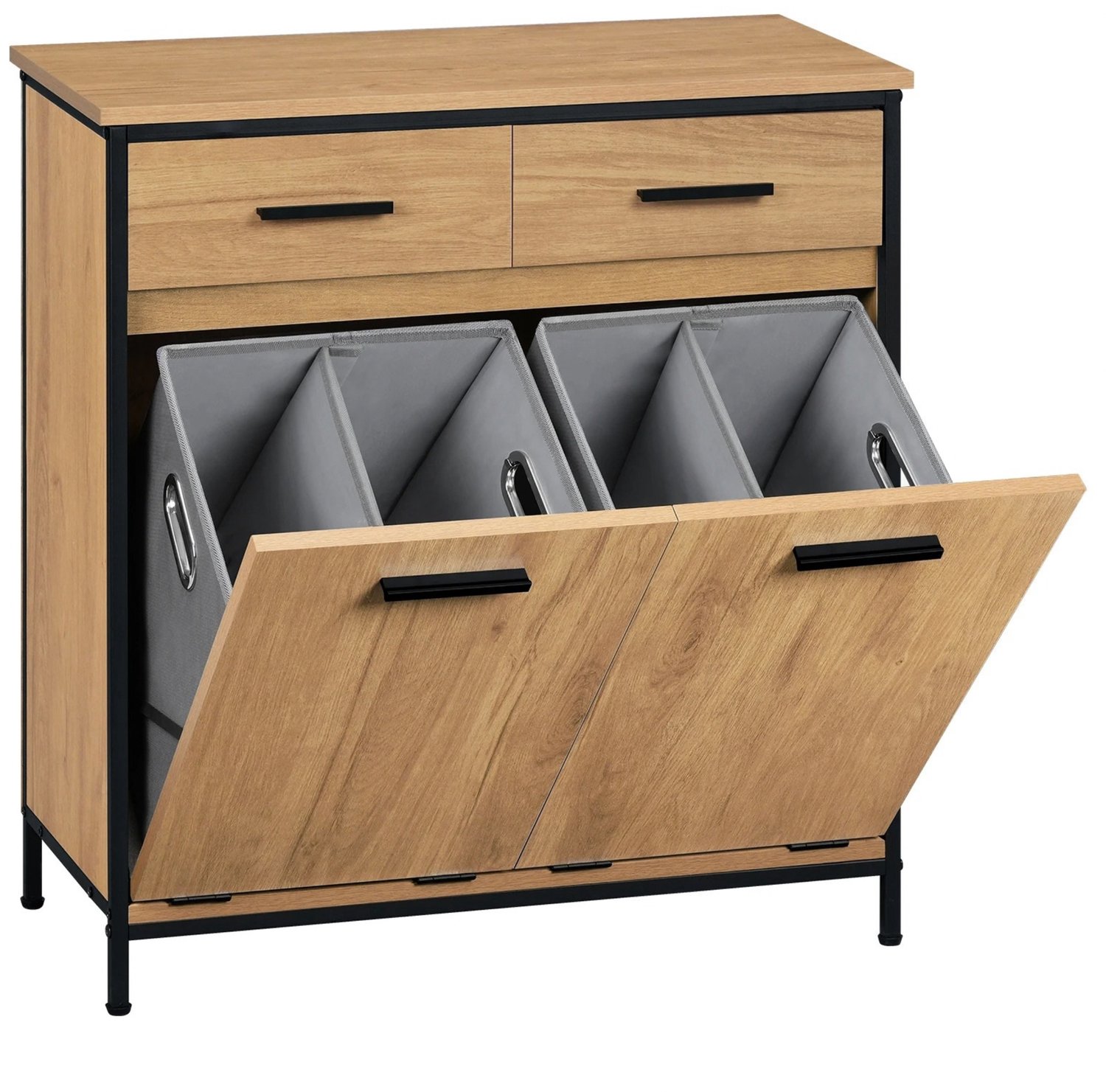 Noventra Wasmandkast – Wasmand 2 Vakken – Was Sorteerder met 2 Compartimenten en 2 Lades – Wasmeubel met Opbergruimte – Wasgoed Organizer – 73 x 34 x 80,5 cm – Hout/Zwart