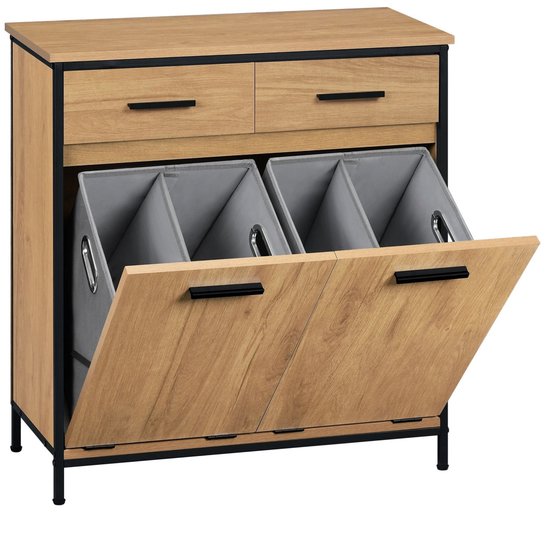 Wasmandkast in houtstijl met zwart metalen frame, twee bovenlades en een kantelbaar compartiment met drie grijze waszakken.