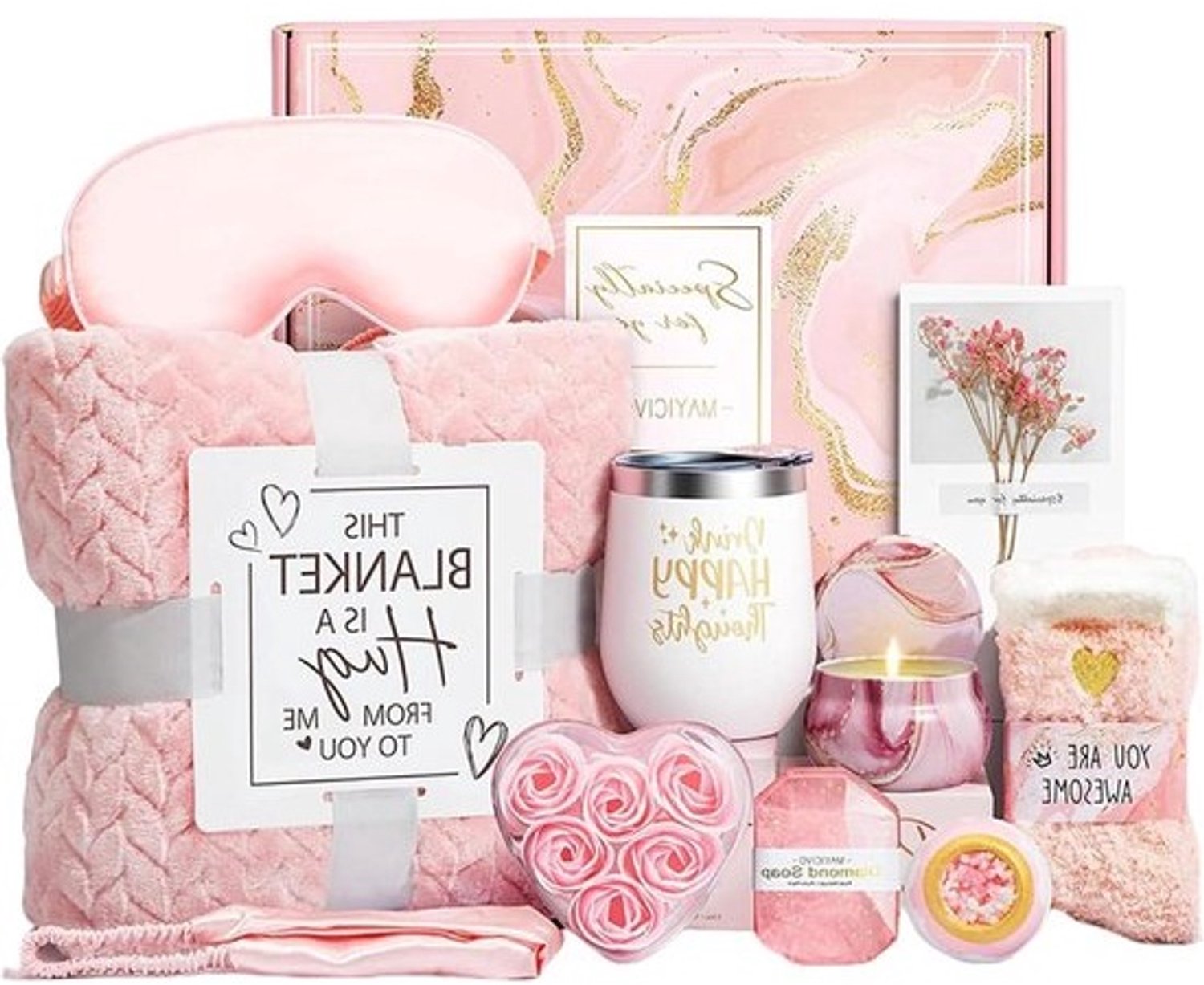 Ontspanningsset voor vrouwen - Cadeauset welzijn - Zelfzorgmomenten - Compleet wellnesspakket - Thermosfles 350 ml - Pluche