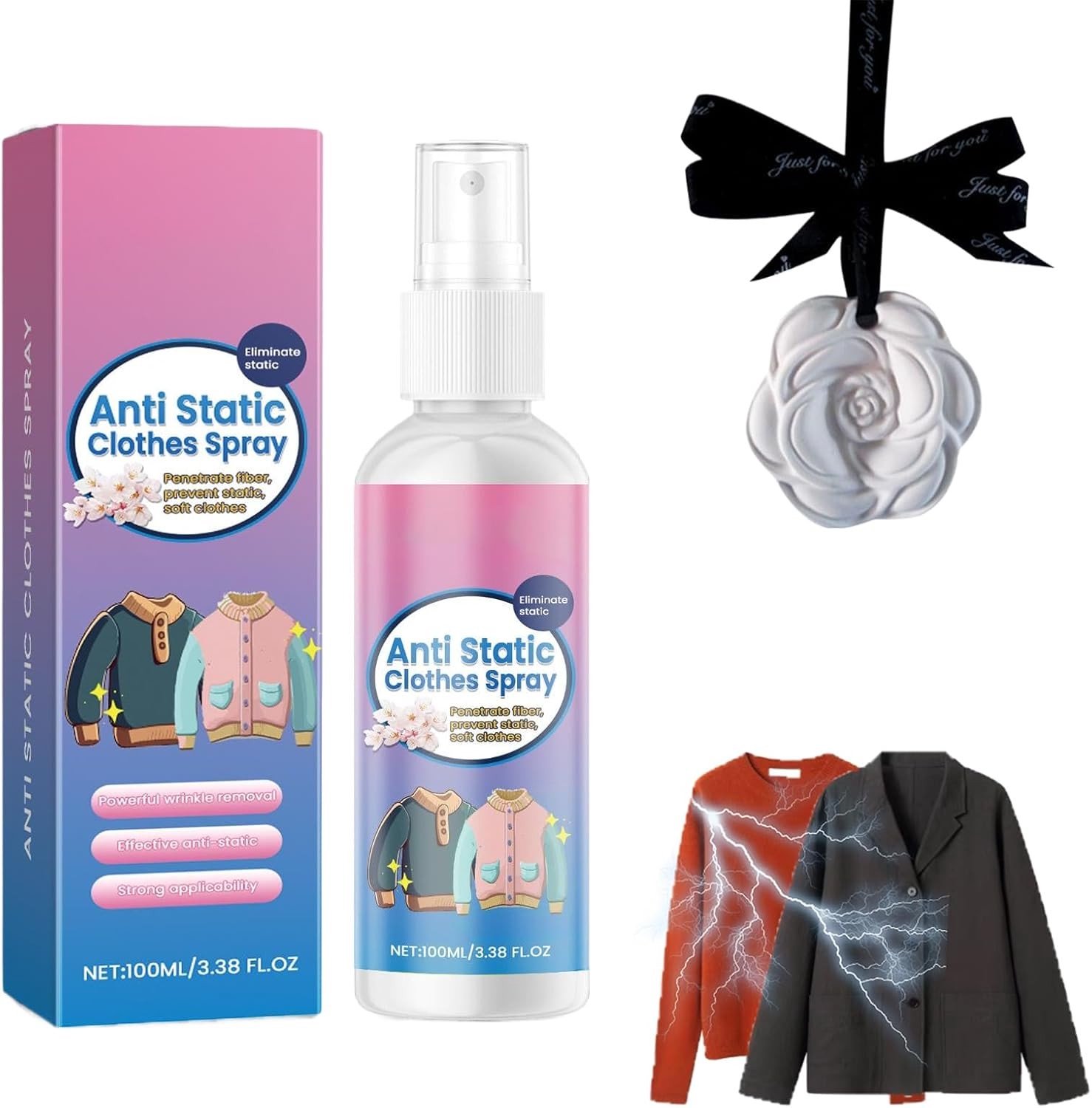 Anti-statische spray voor kleding, textiel, meubels en auto - Vermindert statische lading, met geurzakje, 100 ml